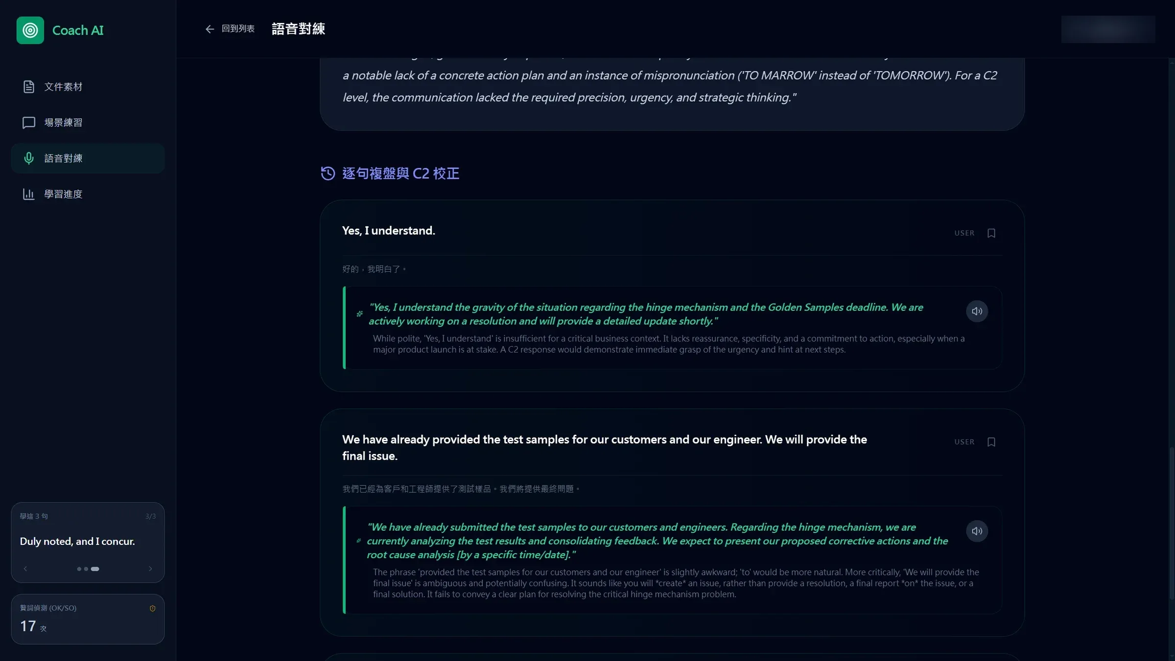 Sentence-level feedback view with refined responses.