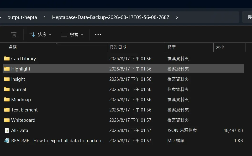 Heptabase 匯出的資料夾內容:Card Library、Highlight、Insight、Journal、Mindmap、Text Element、Whiteboard 和 All-Data.json