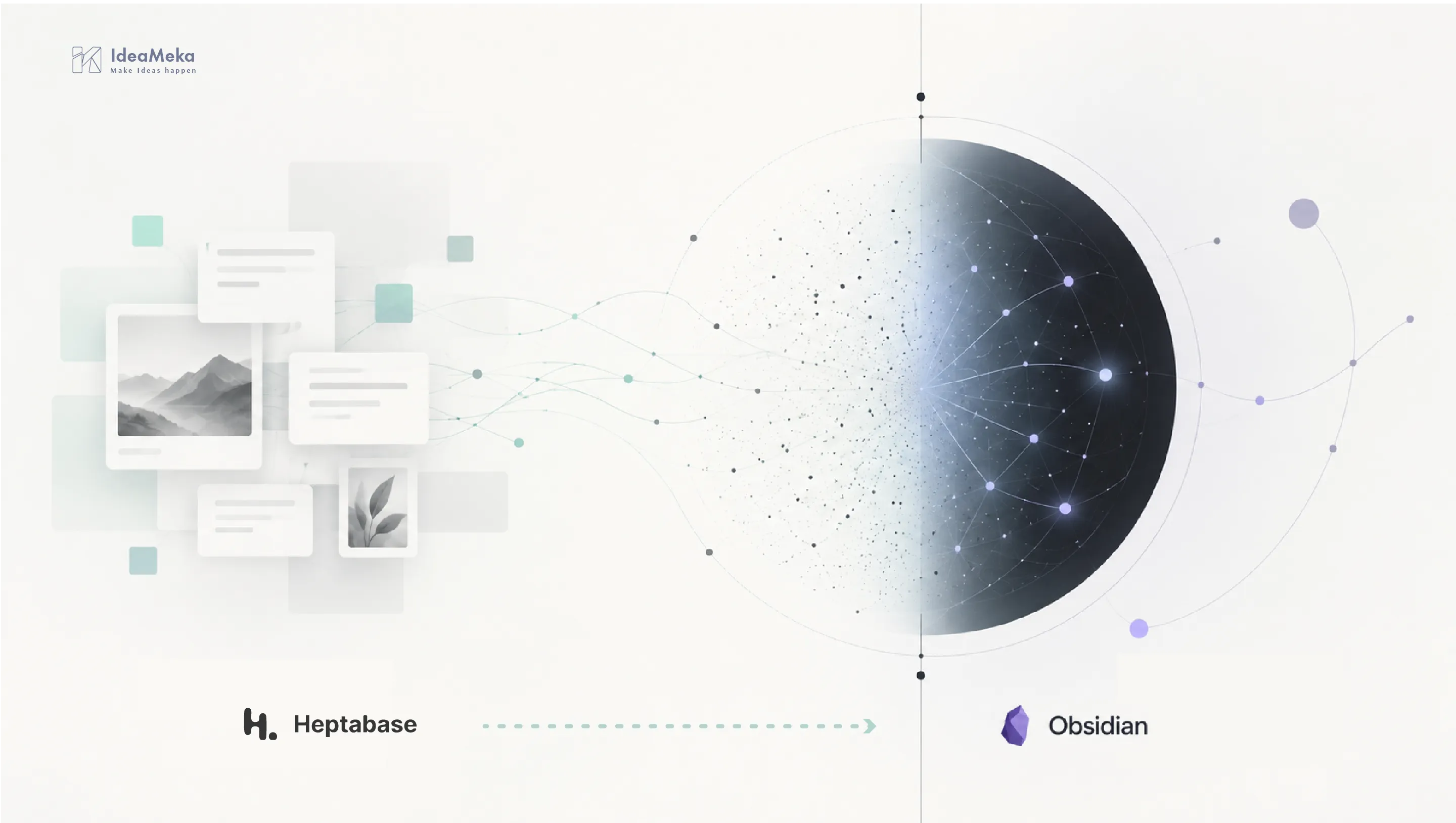 Heptabase 的卡片與白板內容，透過連線逐步過渡成 Obsidian 的知識網路，象徵三年筆記從 Heptabase 搬遷到 Obsidian。