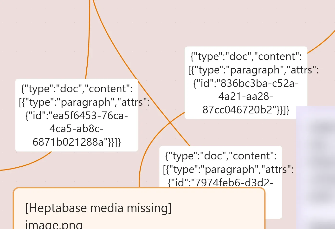 白板上出現 JSON 程式碼和「Heptabase media missing」