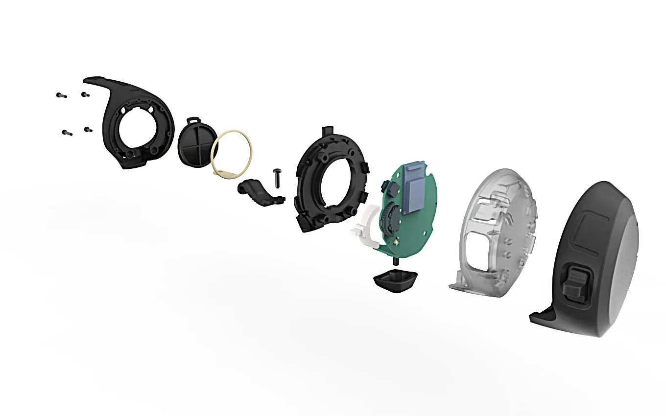 Exploded-view rendering of the Pilot Bike Controller: housing, mount, seal ring, PCB, and cover