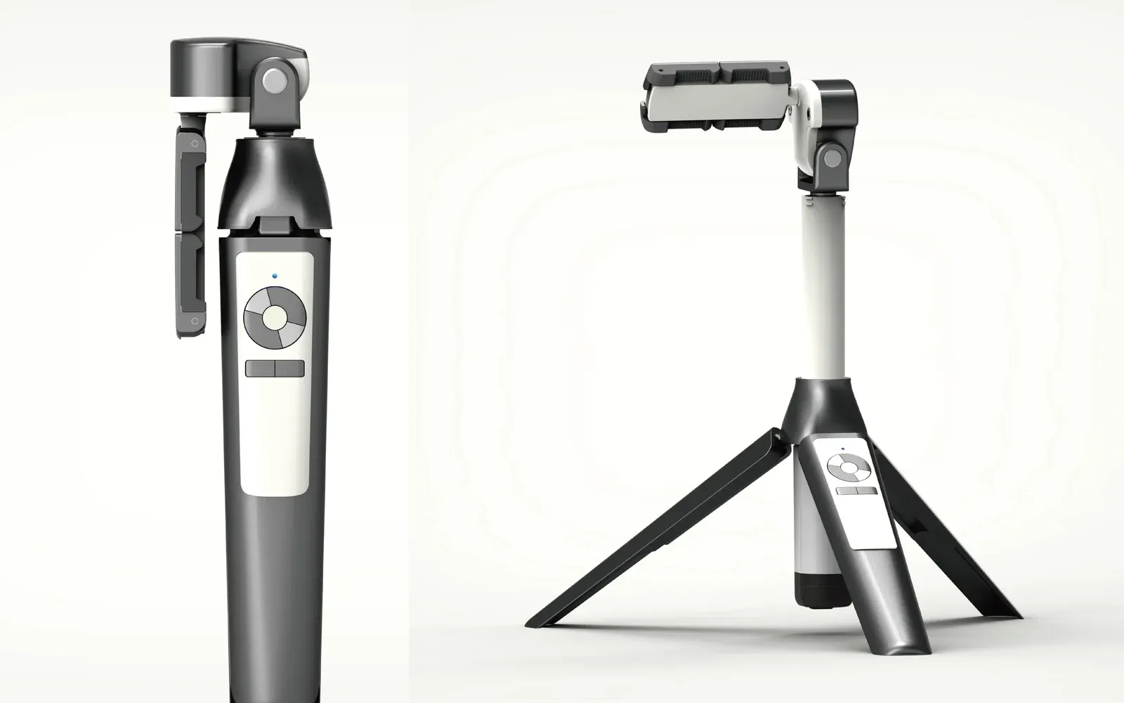 Rendering of the selfie tripod stick, held as a handle on the left and standing as a tripod on the right