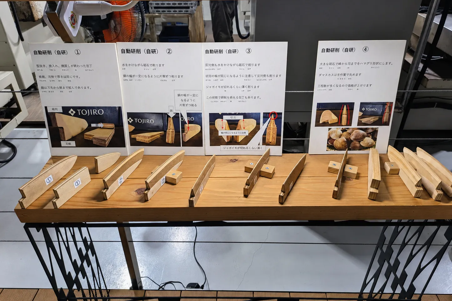 藤次郎以模型及說明圖卡，展示刀刃研磨的不同階段。